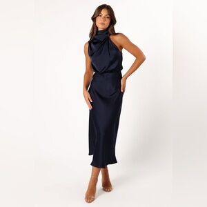 PETAL & PUP ANABELLE HALTER NECK MIDI DRESS - NAVY M B2981